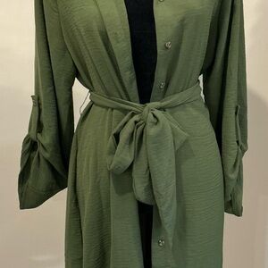 Green Button-Up Belted Dress